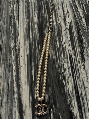 CHANEL Cream Pearl Double-Strand Necklace with Gold CC Pendant